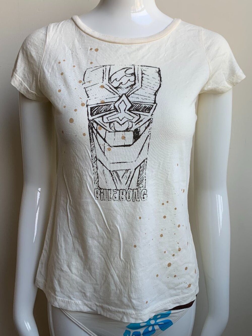 Billabong BLUE CRUSH Vintage RARE cream splatter logo surf fitted t-shirt tshirt